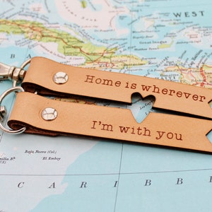 Long Distance Relationship Keychain Home is Wherever I'm With You Keyring 3rd Anniversary Leather Gift Husband image 1