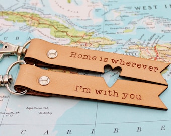 Long Distance Relationship Keychain  - Home is Wherever I'm With You Keyring - 3rd Anniversary Leather Gift Husband