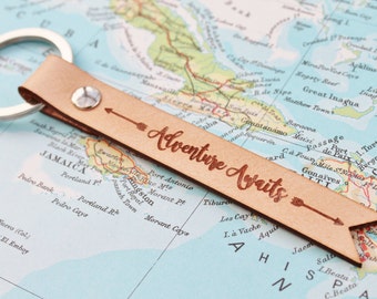 Adventure Awaits Boho Leather Keychain Keyring - Traveller Wanderlust Banner Flag Arrow Custom Personalised