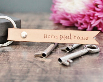 New House Gift - Home Sweet Home Leather Keychain Keyring - Custom Personalised