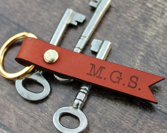 Monogrammed Keychain Leather Personalized, Initial Custom Keyring - 3rd Year Anniversary Gift For Him