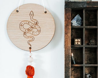 Boho Wall Decor - Celestial Snake Round Wooden Sign - With Tassel