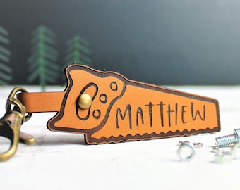 Personalised Joiner Keyring - Leather Carpenter Gift - Handsaw Keychain Woodworker