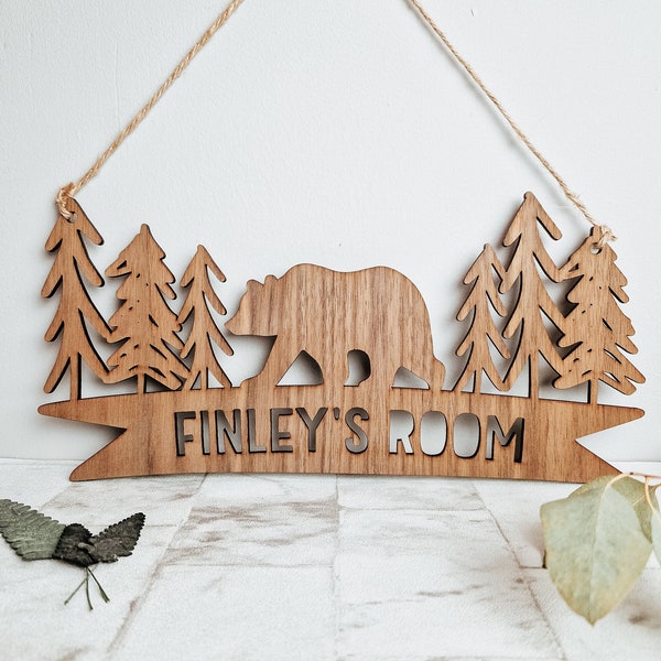 Woodland Forest Bear Nursery Room Decor - Personalised Door Name for Playroom