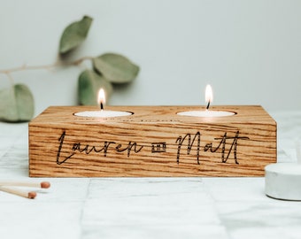 Solid Oak Wood Tealight Candle Holder For Couples - Anniversary Gift