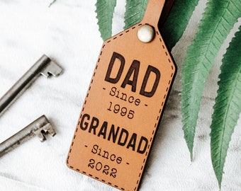 Grandad First Fathers Day Gift Leather Keyring - Personalised Keychain for Grandpa