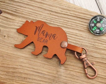 Mama Bear Leather Keychain Rustic Keyring - Mum Gift