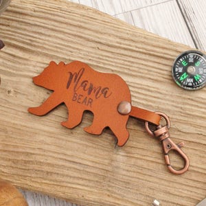 Mama Bear Leather Keychain Rustic Keyring Mum Gift image 1