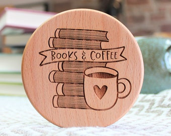 Books and Coffee Coaster - Engraved Tea Lover Gift