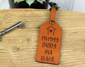 Family Kids Names Personalised Leather Keyring