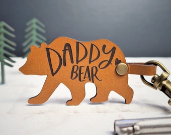 Daddy Bear Keyring Fathers Day Gift Real Leather Keychain - For Dad