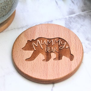 Mummy Bear Wooden Personalised Coaster - Engraved Mothers Day Gift