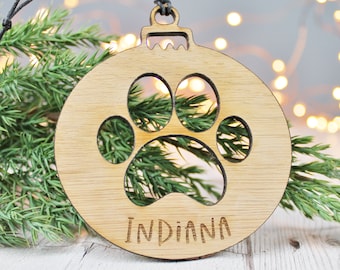 Cat Bauble Dog decoration Engraved Wooden Paw Print Personalised Christmas Pet Ornament