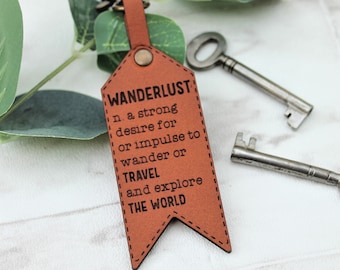 Wanderlust Luggage Tag - Leather Keychain Keyring - Travel Gift