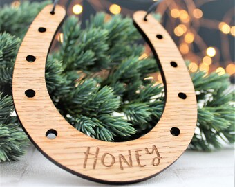 Horseshoe Customised Name Bauble Wooden Christmas Tree Decoration