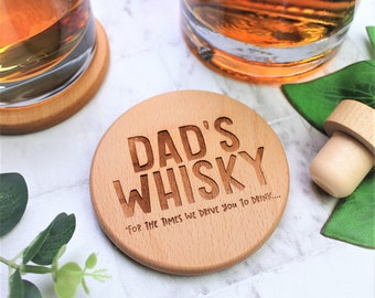 Dad's Whisky Wooden Personalised Funny Coaster - Engraved Fathers Day Gift