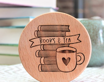 Books and Tea Coaster - Engraved Tea Lover Gift