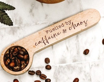 Personalised Coffee Scoop - Wooden Spoon Clip - Caffeine and Chaos