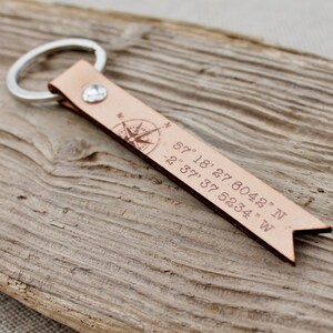 Coordinate Keyring Leather Keychain Travel Mens Anniversary Gift Longitude Latutude GPS image 3