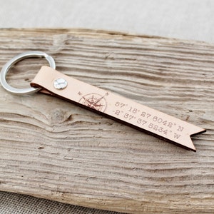 Coordinate Keyring Leather Keychain Travel Mens Anniversary Gift Longitude Latutude GPS image 4