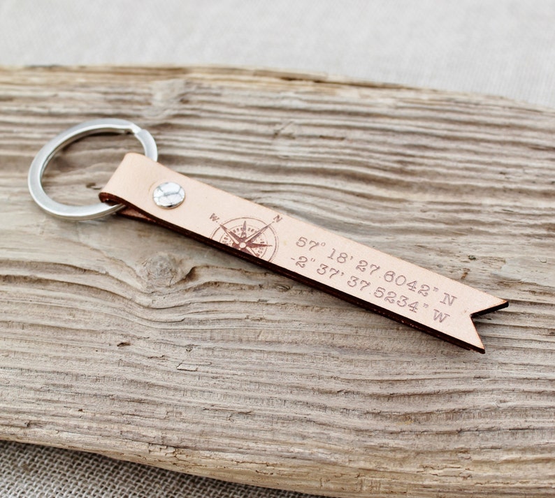 Coordinate Keyring Leather Keychain Travel Mens Anniversary Gift Longitude Latutude GPS image 4