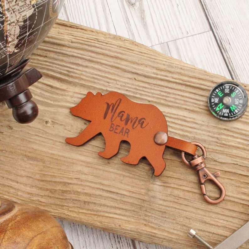 Mama Bear Leather Keychain Rustic Keyring Mum Gift image 1