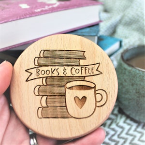 Books and Coffee Coaster Engraved Tea Lover Gift image 3