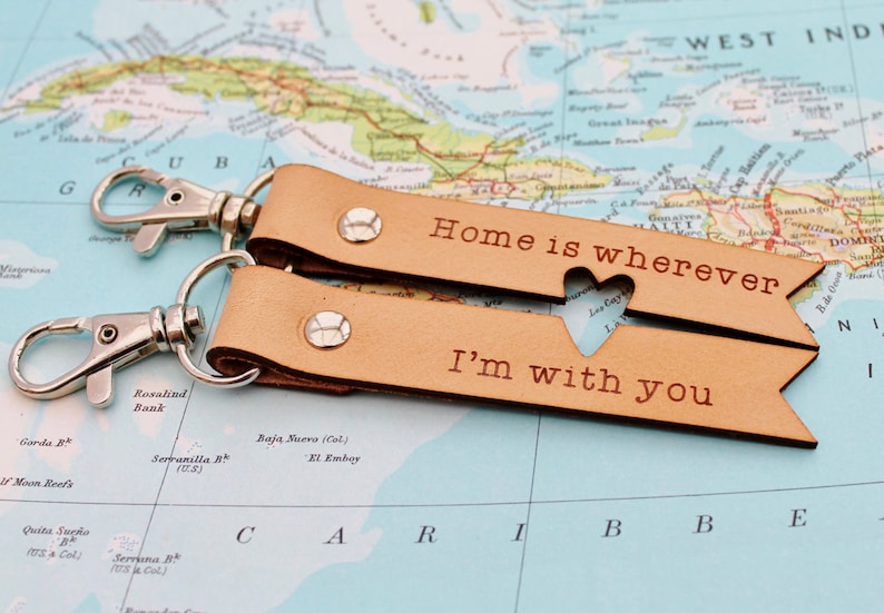 Long Distance Relationship Keychain Home is Wherever I'm With You Keyring 3rd Anniversary Leather Gift Husband image 1