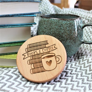 Books and Coffee Coaster Engraved Tea Lover Gift image 2