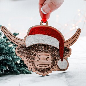 Highland Cow in Santa Hat Scottish Christmas Tree Decoration Farm Animal image 3