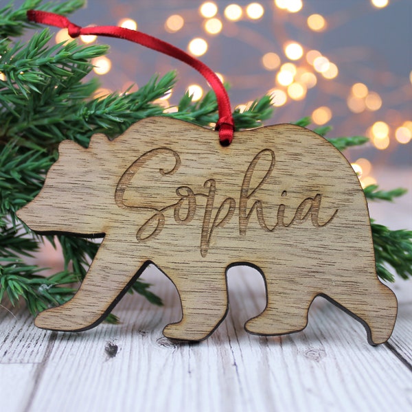 Wooden Bear Personalised Christmas Bauble Rustic Decoration
