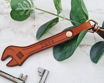 Personalised Spanner Mens Tool Keyring Leather Wrench Keychain, Mechanic Gift