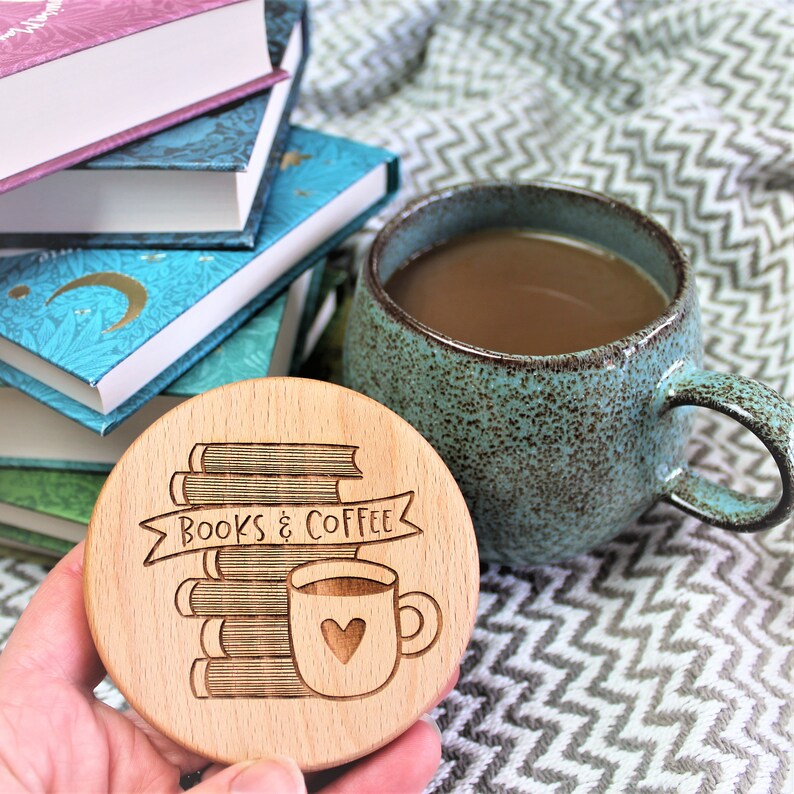 Books and Coffee Coaster Engraved Tea Lover Gift image 4