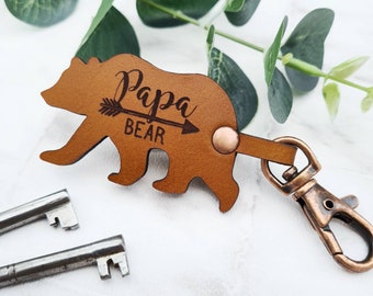 Fathers Day Papa Bear Daddy Keyring Gift Rustic Leather Keychain - Dad
