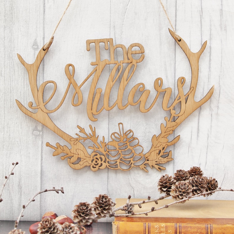 Family Wreath Rustic Wedding Sign Wooden Wall Hanging Personalised Sign Antler Stag Rustic Home Decor image 1