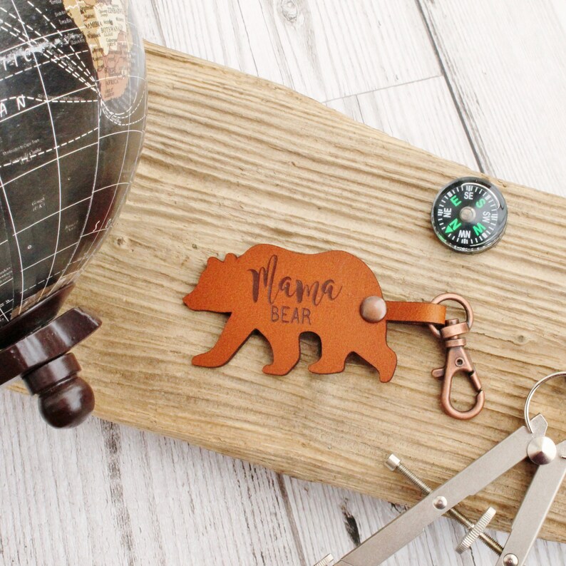 Mama Bear Leather Keychain Rustic Keyring Mum Gift image 4