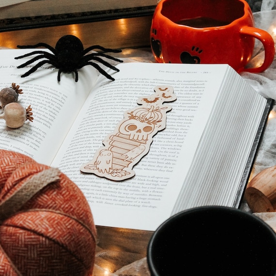 Engraved Wooden Halloween Bookmark: Spooky Skull, Pumpkin, Bats