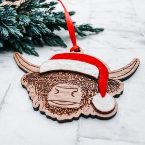 Highland Cow in Santa Hat Scottish Christmas Tree Decoration Farm Animal image 5