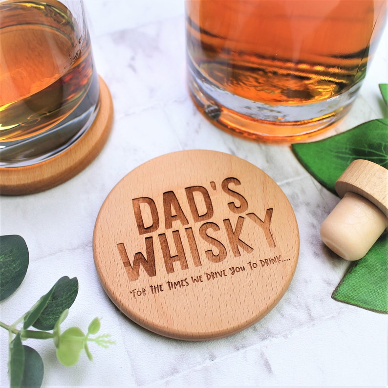 Dad's Whisky Wooden Personalised Funny Coaster Engraved Fathers Day Gift image 1