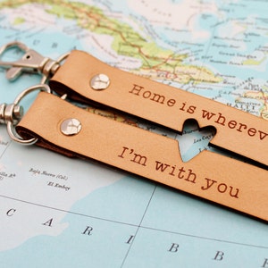 Long Distance Relationship Keychain Home is Wherever I'm With You Keyring 3rd Anniversary Leather Gift Husband image 2