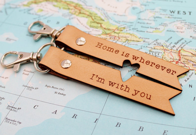 Long Distance Relationship Keychain Home is Wherever I'm With You Keyring 3rd Anniversary Leather Gift Husband image 2