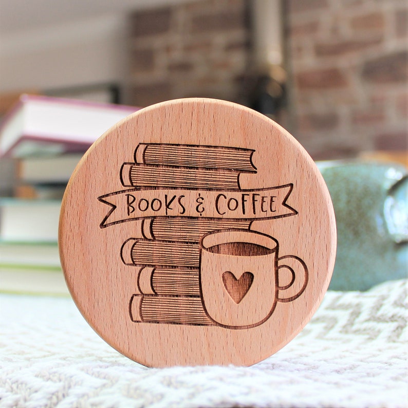 Books and Coffee Coaster Engraved Tea Lover Gift image 1