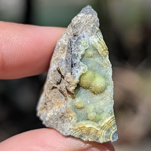 May include: A small, irregularly shaped rock fragment with a mix of colors. The rock features areas of light green, tan, and gray, with some banded patterns visible. The texture appears rough and natural, suggesting a mineral specimen.