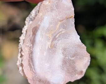 May include: A translucent, pale pink agate specimen with a rough, textured outer edge and a smooth, polished face featuring concentric white banding and delicate, swirling patterns throughout the crystalline structure of the stone.