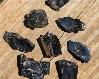 May include: A collection of eight raw obsidian stones with a glossy, black, glass-like appearance. Each stone features sharp, irregular edges and a smooth, reflective surface with visible conchoidal fractures characteristic of volcanic glass.