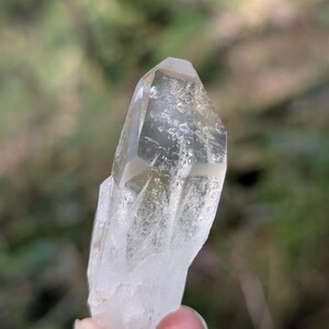 May include: A clear quartz crystal point with a faceted tip. The crystal is held against a blurred green and brown background. The quartz has a translucent appearance with internal inclusions.