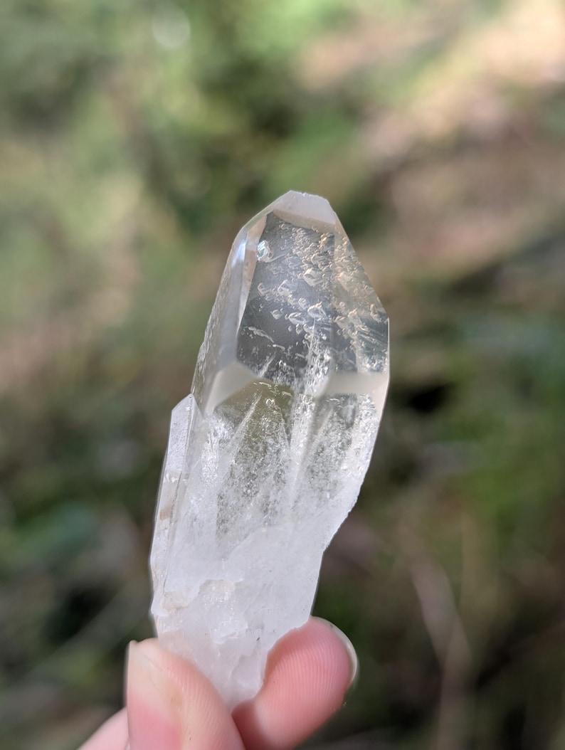May include: A clear quartz crystal point with a faceted tip. The crystal is held against a blurred green and brown background. The quartz has a translucent appearance with internal inclusions.