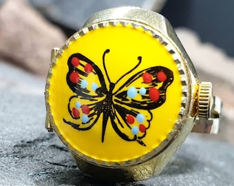 Vintage LOCKET WATCH RING - Butterfly Swissam Gold Plated - Size Adjustable - 12.1g