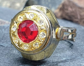 Vintage BVLER LOCKET WATCH Ring - Red Stone & Gold Plated - Size Adjustable - 12g