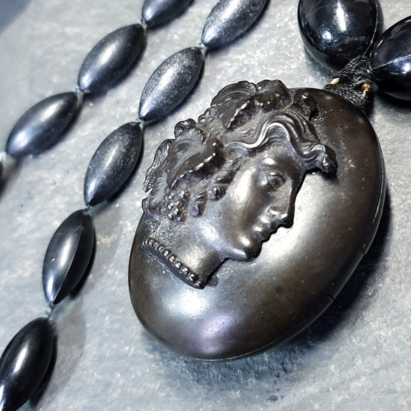 Victorian BOG OAK LOCKET and Bead Necklace with Bacchante Cameo carving